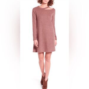 Cotton Emporium Ripped Neck Sweater Dress Cutout Swing Knit Mocha Pink M